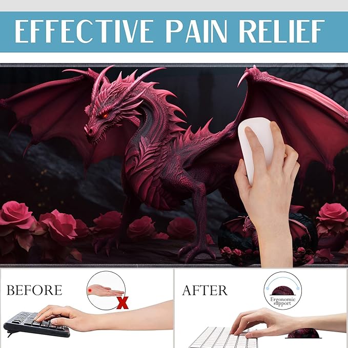 Mouse Pad Set Large Gaming Mouse Pad (31.5X 11.8 inches)+ Wrist Rest Pad + Coaster Ergonomic Wrist pad Home Office Desk Accessories Decor Supplies Rose Dragon