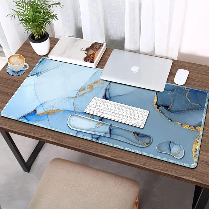 AIMSA Large Gaming Mouse Pad Set Keyboard Wrist Rest Support Mouse Pad Ergonomic Memory Foam Multifunctional Extended Desk Mat 35x15.7in Anti-Slip Rubber Base for Office Home Blue Marble