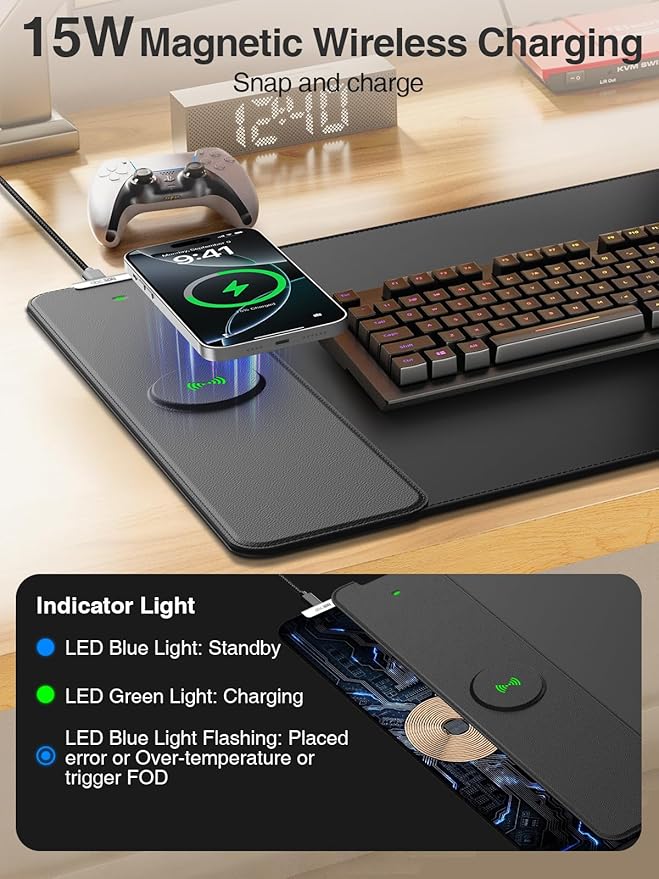2-in-1 Mouse Pad with Magnetic Wireless Charging Gaming Mouse Pad 31.5x15.8 Large Desk Mat for Laptop/Keyboard Waterproof Smooth Surface Non-Slip Base No Adapter