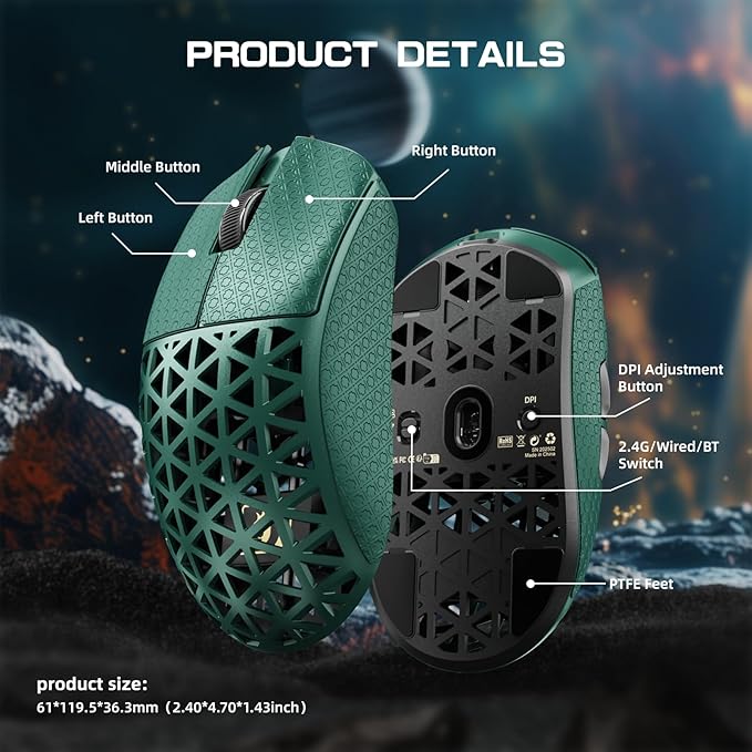 MAMBASNAKE M5 Ultra Carbon Fiber 8000Hz Wireless Gaming Mouse 39g Superlight 42000DPI PAW3950MAX Sensor Nordic 52840 MCU Chip Bluetooth/2.4G/USB-C Wired Mice with Coiled Cable for PC/Mac (Green)
