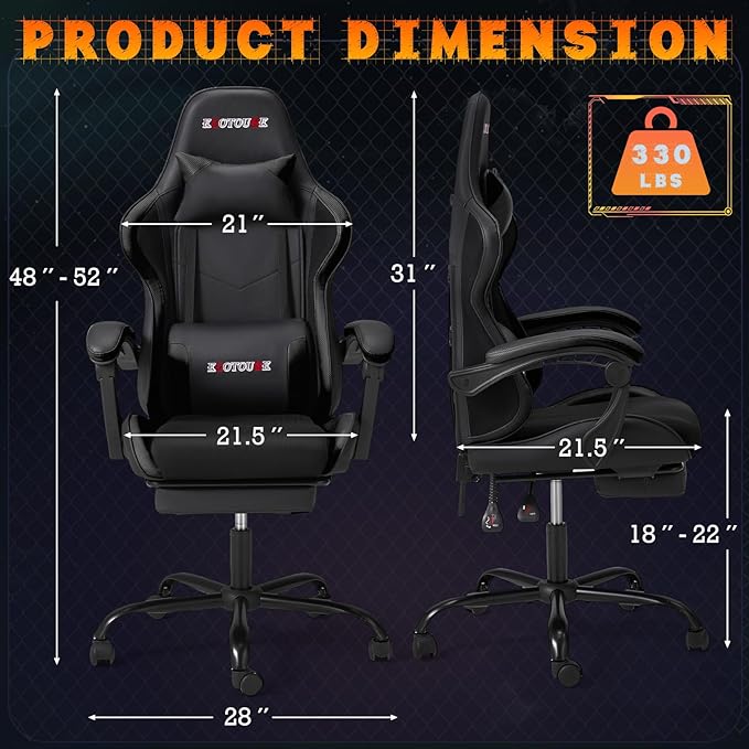 ECOTOUGE Ergonomic Gaming Chair Video Game Chair with Removable Back Cushion Gamer Chair with Massage Lumbar Pillow &amp Footrest Computer Office Gaming Chair with Reclining Backrest Black