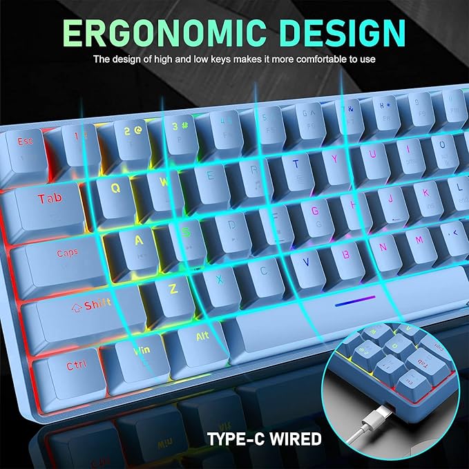65% Wired Gaming Mechanical Keyboard and Mouse Combo Mini 68 Keys RGB Backlight Lightweight RGB Optical MouseMouse Pad Compatible with PS4XboxPCLaptopMAC (Blue/Blue Switch)