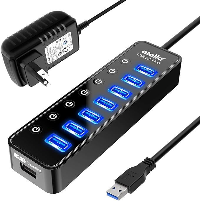 Powered USB Hub 3.0 Atolla 7-Port USB Data Hub Splitter with One Smart Charging Port and Individual On/Off Switches and 5V/4A Power Adapter USB Extension for MacBook Mac Pro/Mini and More.