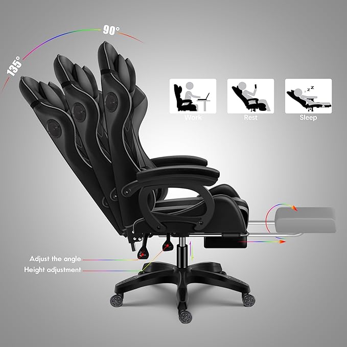 RGB Gaming Chair with Speakers and Massage Racing Computer Chair with Massage and Footrest for Office or Gaming. (All Black)