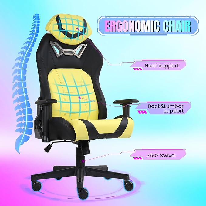 DIKEP Gaming Chair Video Game Chair with Footrest Lumbar Support Headrest PU Leather High Back Computer Chair for Home Office Yellow Black