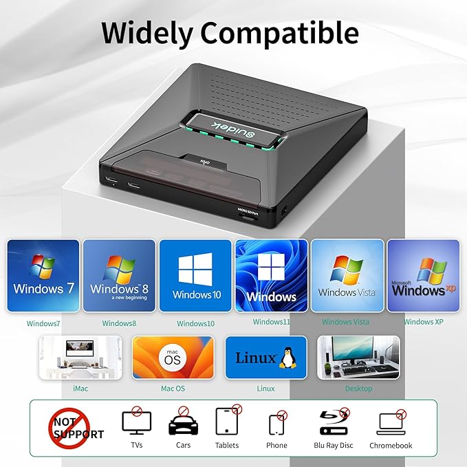 CD DVD Drive External Portable CD DVD Driver +/-RW Burner with 2.5 SATASD Card Reader and USB A Type C 2.0 Hub Compatible with Laptop PC