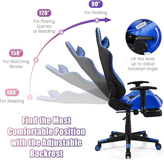 Giantex Massage Gaming Chair Ergonomic Video Game Chair with Footrest High Back E-Sport Computer Chair with Headrest &amp Massager Lumbar Support PU Leather Gaming Seat (Blue)