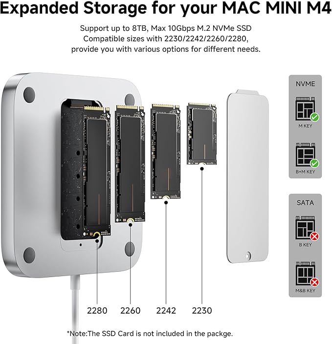 Minisopuru MINI218B MAX Mac mini M4 Dock with 4K@60 HDMI 8TB M.2 NVMe SSD Enclosure10Gbps USB C/A Mac mini M4 Hub TF&amp SD 2X USB A 2.0 Audio Aluminum Vertical Stand for Mac mini M4/M4 Pro 202