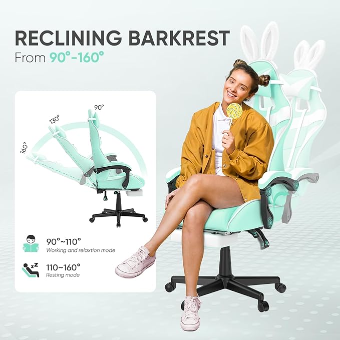 Huracan Gaming Computer Chair with Footrest Adjustable Video Game Chairs for Adults Heavy Duty Office Chair with Headrest and Lumbar Support Light Green