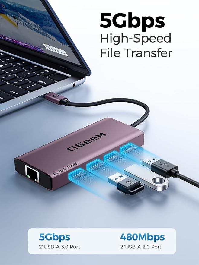 QGeeM USB C Hub Ethernet9 in 1 USB Type C Hub HDMI Multi-Port Converter Adapter100W Pd USB 3.0SD/TF Card ReaderCompatible for MacBook Pro Air Ipad HP Dell Lenovo Chromebook etc.-Violet