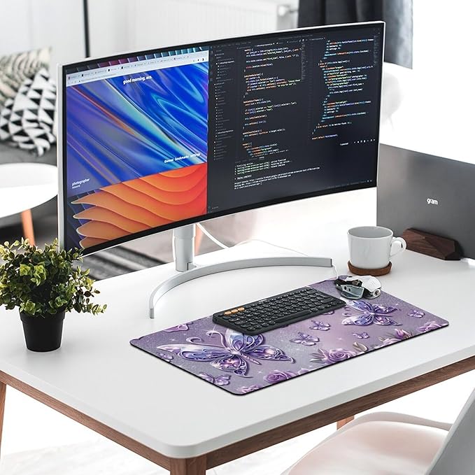 Purple Butterflies Roses Mouse Pad Large Desk Mat Extended Keyboard Mouse Pad with Non-Slip Base and Stitched Edge Mouse Mat Desk Pad 30x16 Mouse Pads for Desk Home Office Gaming