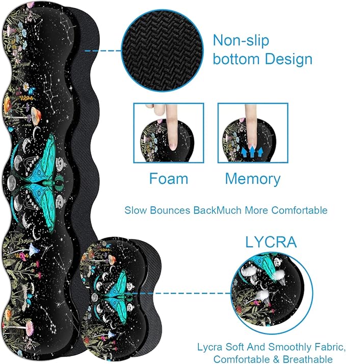 Large Mouse Pad Ergonomic Mouse Wrist Support + Keyboard Wrist Rest Set+ Extended Gaming Mouse Pad Moth Moon Phase Witchy Office Desk Mat Black Writing Mat Laptop Protector Accessories Desk Pad