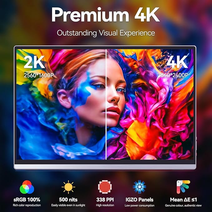 Intehill Portable Monitor 4kAnti-Glare 13.4 3840 * 2400 IGZO Screen 4K Portable Travel Monitor 1500:1500 Nits ScreenHDRsRGB 100%Built-in SpeakersDual USB-CHDMI for Laptop Mac Phone PS5