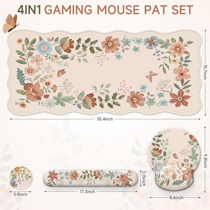 iLeadon Floral Mouse Pad Sets with Wrist SupportCute Ergonomic Keyboard Mat for DesktopExtra Large Big Desk Pad Mouse Mat+Cup Coaster with Non-Slip Base for Women Home Office