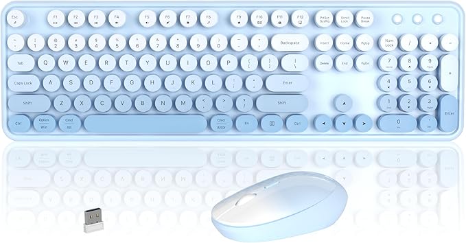 Colorful Wireless Keyboard and Mouse Combo COVEVA 2.4GHz Wireless Retro Cute Round Keycaps Keyboard 104 Keys Full-Sized Keyboard Mouse Set with Switch Button for PC Laptop Desktop (Blue Gradient)