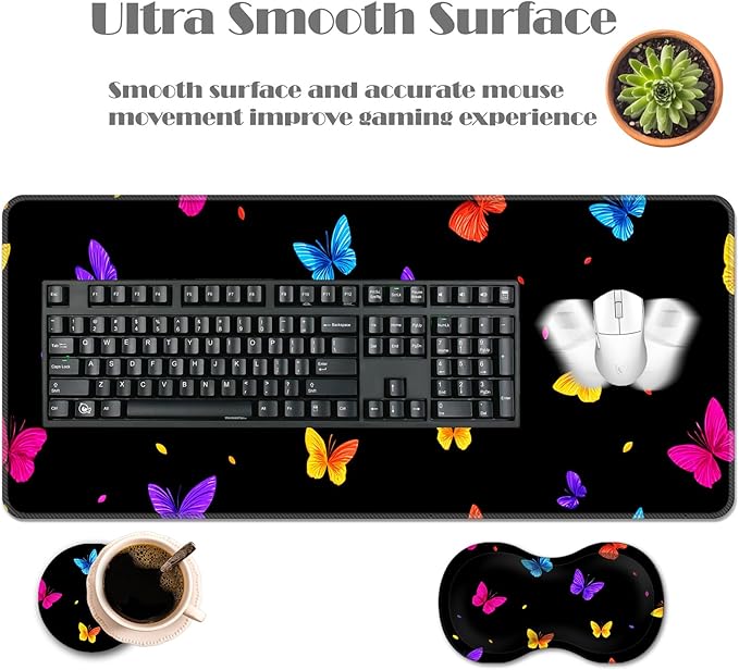 Ergonomic Keyboard Wrist Rest &amp Mouse Pad Wrist Rest SetXL Gaming Desk Mat 31.5x 11.8Non-Slip BaseMemory FoamEasy Typing Pain Relief for Office &amp HomeButterflies