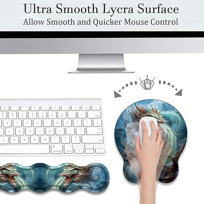 Mouse Wrist Rest and Keyboard Wrist Rest Pad+ Coaster Set Non-Slip Rubber Base Smooth Surface Ergonomic Gaming Mouse Pad for Easy Typing and Pain Relief Azure Dragon