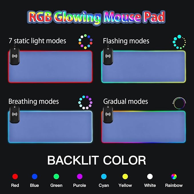 Blue Mouse Pad Gaming Mousepad Non Slip Desk Mat Wireless Charging Computer Mouse Pads RGB Keyboard Pad Mats for Desktop Home Office 35.4 x 15.7 in