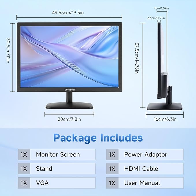 OkVrxyztnl19.5 HD 1440x900 PC Monitor 75Hz Refresh Rate 5ms Built-in Speaker HDMI x1 VGAx1 Mounting Suitable for laptops Office Computers and desktops