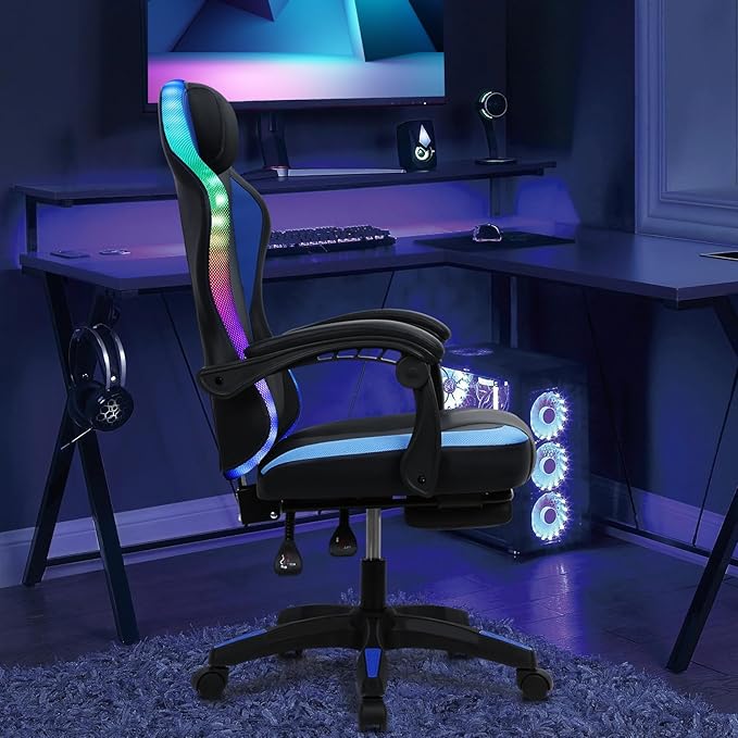 Gaming ChairComputer Gaming Chair for Adults and Kids Ergonomic Computer Chair for Girl with Footrest and Headrest Comfortable Reclining PC Game Chair High Back Music Video Chair Blue