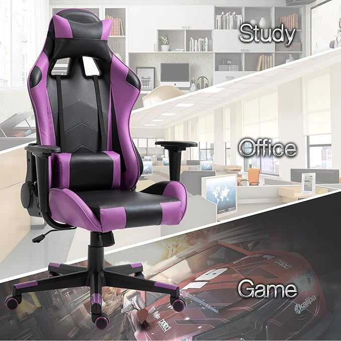 Modern-Depo Gaming Chair Recliner Ergonomic Swivel Office Computer Desk Chair with Headrest Lumbar Support Black Purple