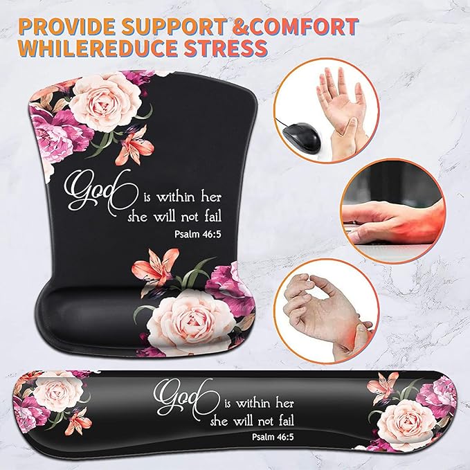Keyboard Wrist Rest Pad and Ergonomic Mouse Pad Wrist Support Set Psalm 46:5 God is Within Her She Will Not Fall Peony Flower for Gaming  Office Comfortable and Pain Relief with Coaster Set