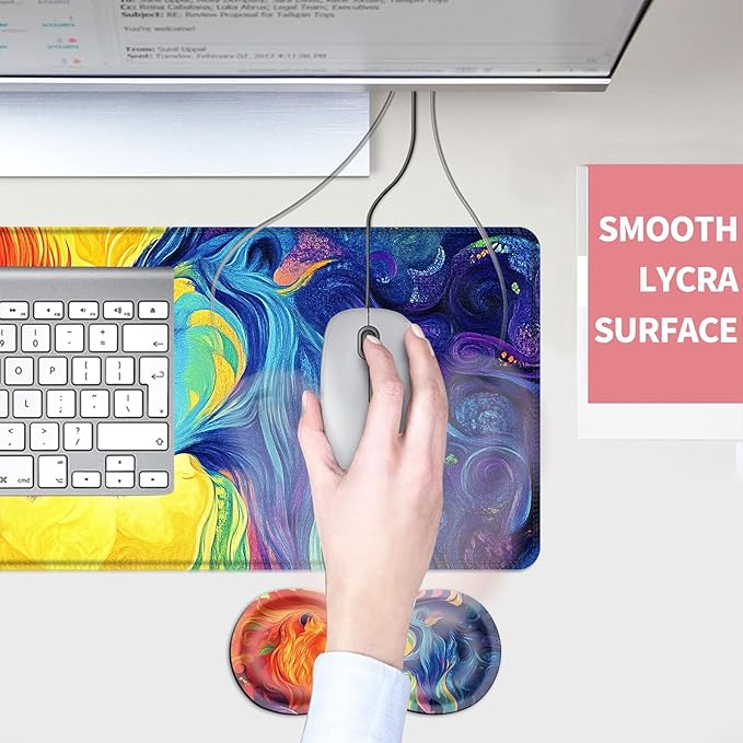 Mouse PadLarge Desk Mat Set 4in1 XL Mousepad + Keyboard Wrist Rest+Mouse Wrist Rest+Coaster with Ergonomic Desk Pad for Home Office Table Computer Cover -Rainbow Lions Abstract
