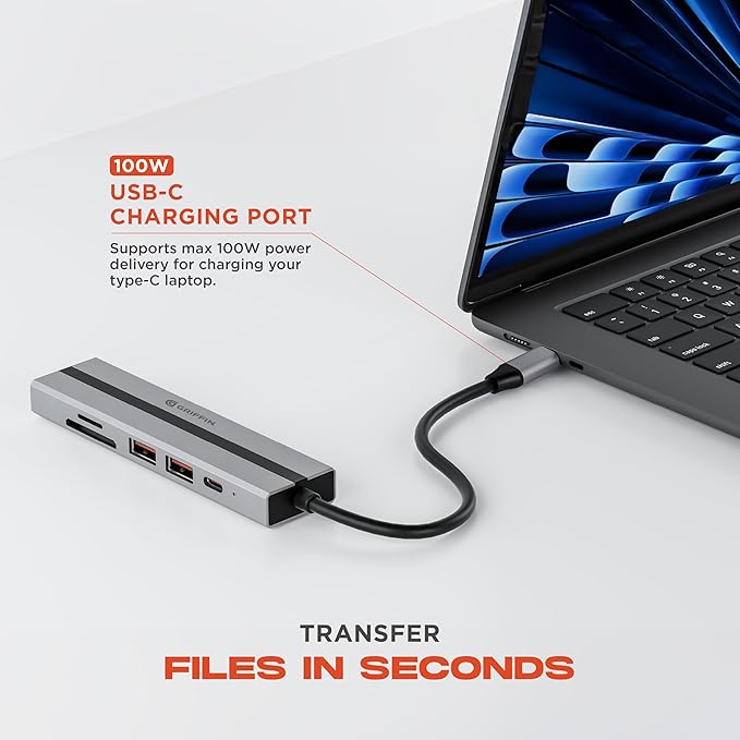 Griffin 6-in-1 USB C Hub Multiport Adapter 100W USB C Charging Hub with 4K HDMI SD/TF Card Reader 2 USB-A Ports for Laptop and PC