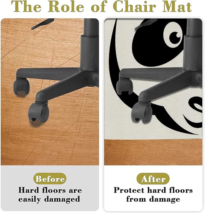 White and Black PU Leather Hardwood FloorsTile Non-Slip Office Chair Mat Cartoon Smiling Panda Animal Anti-Slip Low Pile Under Desk Rug Large Floor Protector Anime Diameter 39.4 in
