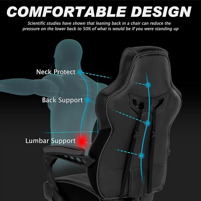 Vonesse Gaming Chair for Adults Reclining Gaming Chairs with Footrest and Massage Computer Gaming Chair for Heavy PeopleErgonomic Gamer Chair Big and Tall (Black/Gray)