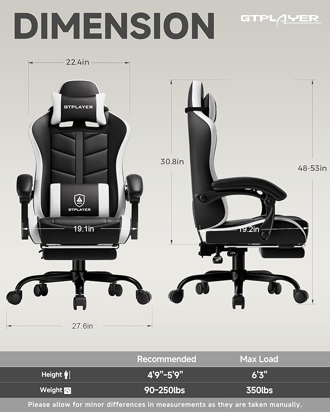 GTPLAYER Gaming Chair Ergonomic Computer Office Chairs for Adults with Footrest Height Adjustable Linkage Armrests 90-155° Recline &amp Headrest Lumbar Support Black &amp White