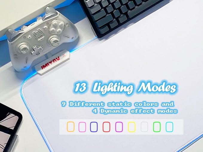 JMIYAV White Gaming Mouse Pad RGB Mousepad Non-Slip Rubber Base Extra Large Cool XL XXL Computer Desk Pad Gaming Accessories LED Light Up Extended Big Mouse Pad for Gamer (31.5x12In) Upgrade