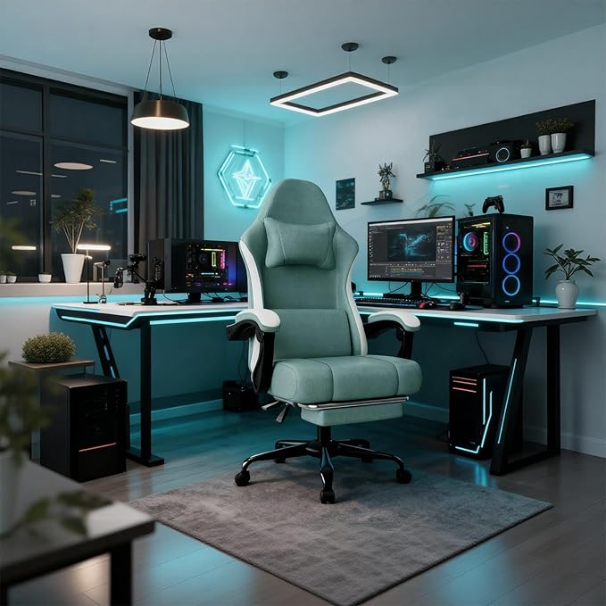 Gaming Chair High Back Fabric Computer Chair with Pocketed Spring Cushion and Footrest Height Adjustable Game Chair with Headrest and Lumbar Support (Beige &amp Blue)