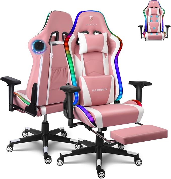 Ergonomic Pro Gaming Chair Video Game Chair with Footrest and 7-Point Massage Computer Chair with Speakers and RGB Lights Office Chairs Height Adjustable 4D Armrests Lumbar Support HeadrestPi