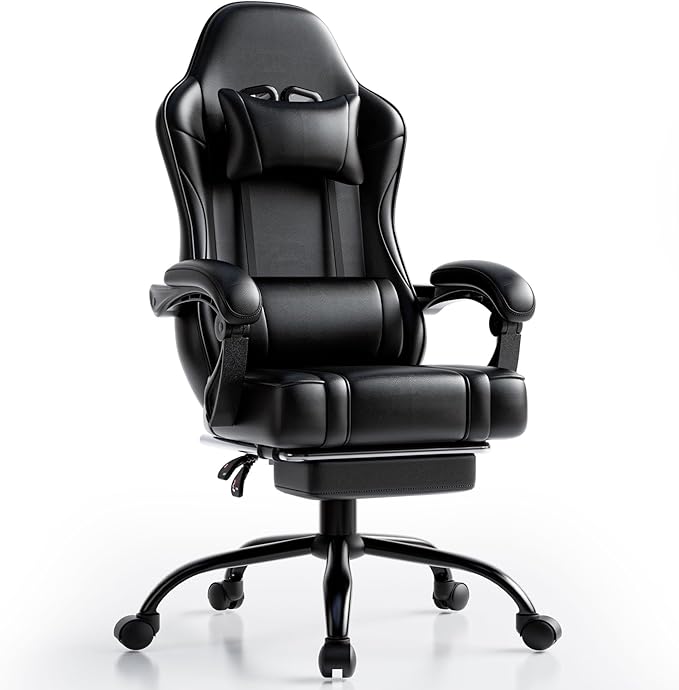 Ergonomic Gaming Chair Video Game Chair with Pocket Spring Cushion and Footrest Height Adjustable Computer Chair with Swivel Seat and Headrest (Faux Leather Black)