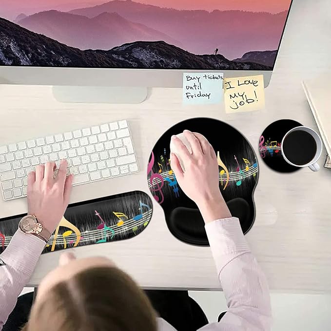 Ergonomic Gel Mouse Pad Wrist Support + Memory Foam Keyboard Wrist Rest for Home Office Gaming Desk Pad Easy Typing Pain Relief Hand Rest Pad Cute Round Desk Mat Music Note Pattern Black Mousepads