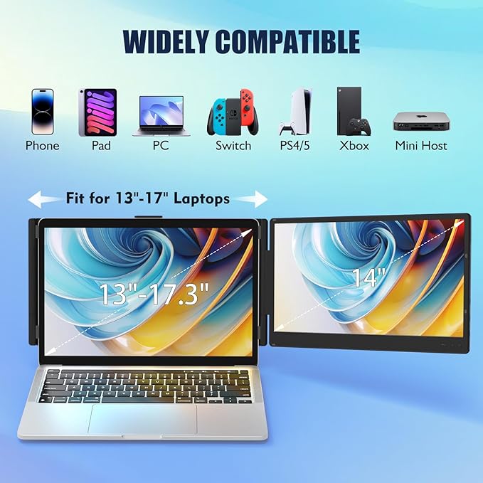 KEFEYA Laptop Screen Extender 14 1080P FHD IPS Laptop Monitor Extender for Home Office Dual Travel Monitor for Laptops 13-17.3 USB-C HDMI Plug-Play for macOS Windows PS Switch Xbox Phone Pad