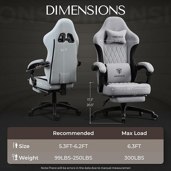 Gaming Chair Fabric with Pocket Spring Custion Ergonomic High Back Video Game Chair with Footrest Massage Lumbar Support Height Adjustable Comfy Computer Chair for Adults Game Office Gray