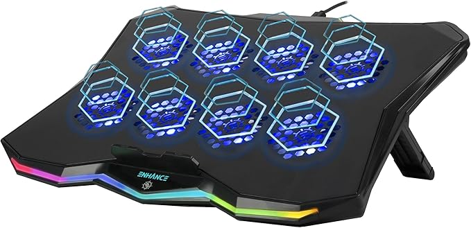 ENHANCE Infiltrate 3 Laptop Cooling Pad with RGB LED Lights - Gaming Cooler Stand with 8 Quiet Fans 7-Angle Adjustable Dual USB Hub Metal Cooling Plate for 13-17.3 Gaming Notebooks