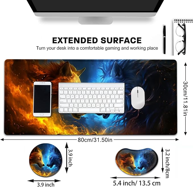 Large Mouse Pad with Mouse Wrist Rest 31.5x11.8 in Extended Mouse Mat with Non-Slip PU Base Ergonomic Memory Foam Wrist Rest for Work &amp Gaming Writing Pad Fire and Ice Wolf Office Desk Pad