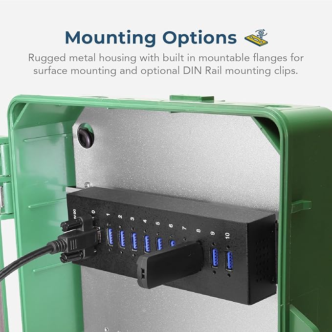 Coolgear 10 Port USB Hub - 5Gbps Speed Surge Protection DIN Rail Mounting Industrial Grade for Tech Labs Warehouses Automation Schools &amp More