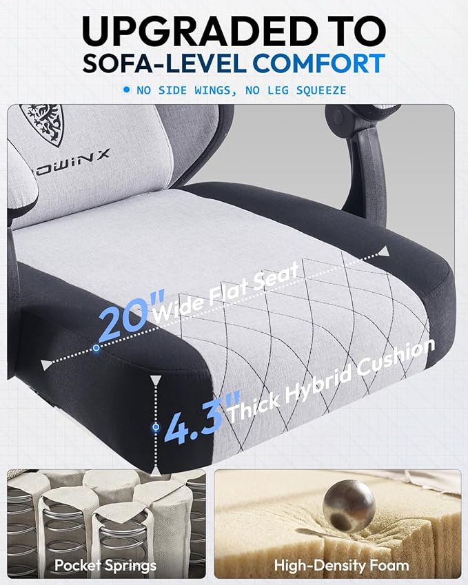 Dowinx Gaming Chair Fabric Gaming Chairs for Adults with Pocket Spring Cushions and Lumbar Support Ergonomic Massage Computer Chair with Footrest for Big and Tall Gray