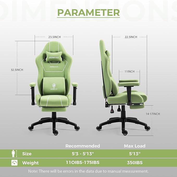 Dowinx Gaming Chair Tech Fabric with Pocket Spring Cushion Ergonomic Computer Chair with Massage Lumbar Support and Footrest Comfortable Reclining Game Office Chair 300lbs for Adult and Teen Green