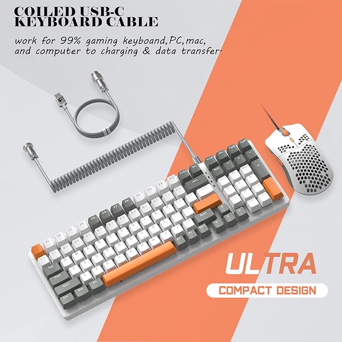 ZIYOULANG K3 Mechanical Gaming Keyboard and Mouse Combo - 98Key RGB Backlit Blue Switch Ultra-Light Honeycomb Shell Mouse Compact Design Wired Coiled Cable for PC/Mac/Windows (White)