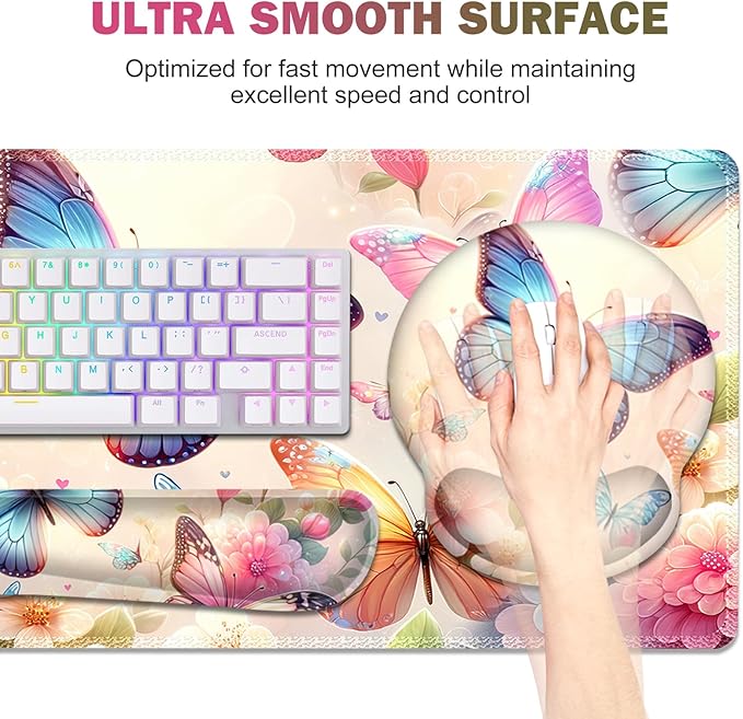 Gaming Mouse Pad Large Desk Mat Cute Desk Pad Protector 4in1 XXL Mousepad + Keyboard Wrist Rest+Mouse Wrist Rest+Coaster Set with Ergonomic Desk Pad for Home Office PC Computer Butterflies Flowers