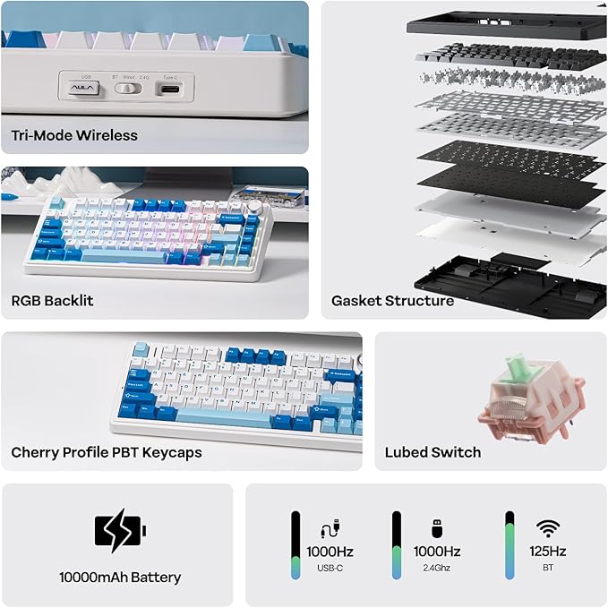 EPOMAKER x Aula F75 Ultra Wireless Gaming Keyboard with Knob 10000mAh Hot Swap RGB PBT Keycap Creamy Sound VIA 75% Mechanical Keyboard for Win/Mac (Blue Pink Mint)
