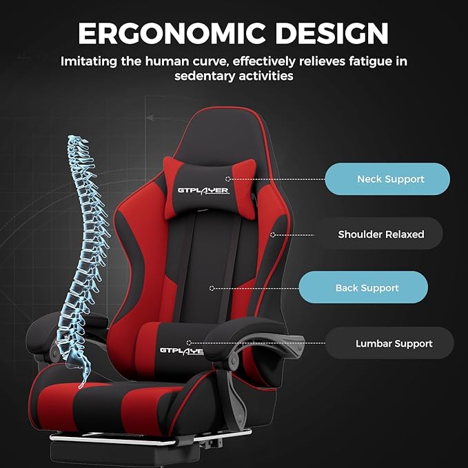 GTPLAYER Gaming Chair Computer Chair with Footrest and Lumbar Support Height Adjustable Game Chair with 360°-Swivel Seat and Headrest and for Office or Gaming (RED Fabric)