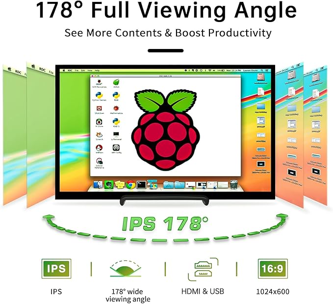 Raspberry Pi Screen 10.1'' HDMI Monitor 1024x600 IPS LCD Display 16:9 Laptop External Monitor for Raspberry Pi 5/4/3 Win 11/10/8/7 Non-Touch Free-Driver