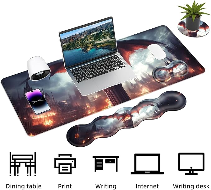 Keyboard Mouse Pad Set Extended Gaming Mouse Pad+Ergonomics Keyboard Wrist Rest Support Memory Foam Easy Typing Pain Relief 4Pcs XL Ultra Thick Desk MatDragon Over Burning Castle