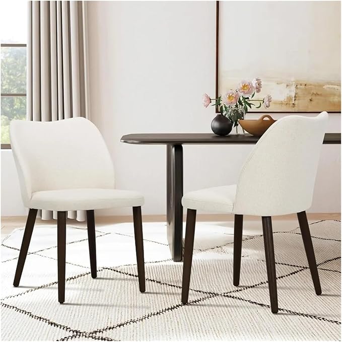 Adjustable Office Computer Chair with Armrest 2pcs Beige Fabric Dining Chairs with Padded Seat and Wood Legs for Restaurant Cafe
